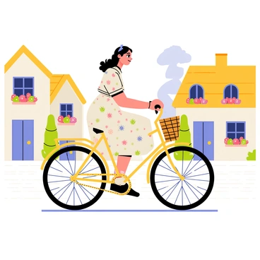 A woman wearing a long, floral-patterned dress with puffed sleeves rides an old-fashioned bicycle. The bicycle has a large front wheel and a small rear wheel, with a woven basket attached to the handlebars. The quaint village features cobblestone streets and charming cottages with thatched roofs. Colorful flowers are planted in window boxes, and a clear blue sky stretches overhead. The woman has her hair styled in loose waves, adorned with a ribbon that matches her dress. 