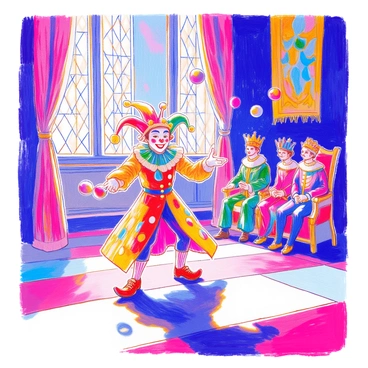 A lively court jester is performing in a grand castle hall. He is wearing a colorful costume adorned with bells, featuring bright red, yellow, and green patterns. His face is painted with a wide smile, and he has a playful expression. The jester is juggling three colorful balls in the air, showcasing his skill. In the background, members of the royal court are seated on ornate chairs, watching with delight. There are large stained glass windows allowing light to stream in, illuminating the scene. The hall is decorated with banners and tapestries, enhancing the vibrant atmosphere.