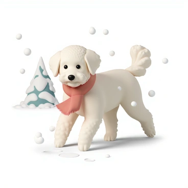 A fluffy labradoodle, with curly cream-colored fur, is walking through a snowy landscape. The dog is wearing a bright red scarf that is loosely tied around its neck. The snowflakes are gently falling around, covering the ground in a soft white blanket. The labradoodle's ears are flopping as it trots happily, leaving paw prints in the fresh snow. In the background, there are snow-covered trees adding to the wintery atmosphere.