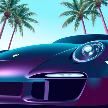 A close-up of a sleek black Porsche, showcasing its smooth and polished surface. The body gleams with reflections of tall palm trees swaying gently in the breeze, creating a tropical vibe. The bright blue sky is mirrored on the car's exterior, enhancing the overall luminosity of the image. The details of the car's curves and contours are sharply defined, emphasizing its luxurious design. Sunlight glints off the chrome accents, further adding to the richness of the scene.