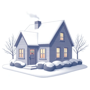 A cottage with a steeply pitched roof, covered in a thick layer of snow. The windows are framed with intricate wooden shutters, and the door is a classic wooden design with a small wreath hanging on it. Smoke is curling upward from the chimney, indicating a warm fire inside. Snow blankets the ground surrounding the cottage, and the branches of nearby trees are also weighed down with snow. The scene evokes a sense of coziness and tranquility.