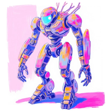A cybernetic being stands in a dynamic pose, showcasing intricate mechanical limbs that intertwine with sleek metallic components. The limbs are articulated with visible joints and wires, displaying an advanced level of design and craftsmanship. Its head features glowing eyes that emit a bright blue light, contrasting against the dark tones of its body. The surface of the being's body is a mix of polished metal and textured panels, highlighting the complexity of its construction. Small circuits and lights pulse subtly along its limbs, adding to the futuristic appearance.