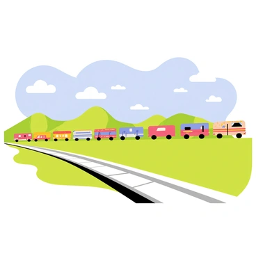 A long train with an infinite number of carriages extends into the distance, gradually fading into a soft blur. Each carriage is a distinct color, featuring stripes and patterns that alternate along the length of the train. The train is set on a pair of shiny silver tracks that gleam under the sunlight. In the foreground, a bright blue sky fills the scene, dotted with fluffy white clouds. The landscape around the train includes rolling green hills, adding depth to the image.