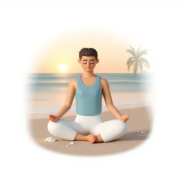 A person, wearing a light blue tank top and white linen pants, is sitting cross-legged on a sandy beach. Their eyes are closed in concentration, and they have a serene expression on their face. The sun is setting in the background, casting a warm golden light over the scene. Gentle ocean waves are lapping at the shore, creating a rhythmic sound. A few seashells are scattered around the person's feet, and a soft breeze rustles the palm trees in the distance.