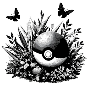 A "Pokeball" is placed in the center of the image, resting among various "garden plants" with intricate leaf patterns and textures. Detailed representations of "butterflies" are fluttering nearby, captured in mid-flight with their wings spread open, showcasing their unique shapes and designs. The scene is rich with varied plant life, featuring different types of leaves and flowers surrounding the "Pokeball," creating a lush and vibrant environment. The overall composition emphasizes the juxtaposition of the iconic "Pokeball" against the natural elements of the garden.