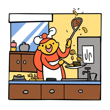 Jollibee, a character with a red and yellow outfit, is wearing a white apron and busy cooking pancakes in a cozy kitchen. The kitchen is warm and inviting, with wooden cabinets, a countertop covered in small kitchen utensils, and a stack of fluffy pancakes on a plate. Jollibee has a cheerful expression, and is flipping a pancake in the air with a spatula. Sunlight streams through a window, illuminating the scene and creating a homely atmosphere.