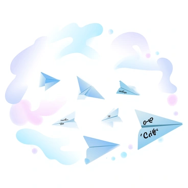 A multitude of paper planes is soaring through a clear sky, each plane intricately designed with various life insurance terms printed on them. The planes are of different shapes and sizes, some gliding gracefully while others are in the midst of a gentle dive. The background features a soft gradient of pastel colors, blending seamlessly from soft pinks to light blues, enhancing the feeling of movement in the scene. Some paper planes are closer to the viewer, while others are further away, creating a sense of depth. The overall composition conveys a whimsical and dynamic atmosphere.