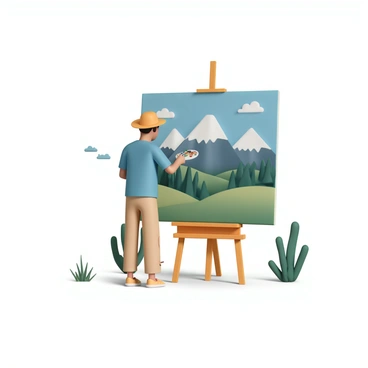 An illustrator, wearing a blue shirt, khaki pants, and a sun hat, stands in front of a large canvas set on an easel. The canvas displays a vibrant landscape scene featuring rolling green hills, tall pine trees, and a bright blue sky with fluffy white clouds. The mountains in the background are majestic, with snow-capped peaks glistening in the sunlight. The illustrator, holding a brush in one hand and a palette in the other, is focused intently on adding color to the canvas, while a gentle breeze rustles the nearby grasses. The scene is alive with the colors of nature.