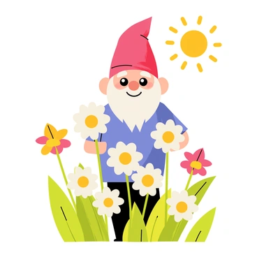 A cheerful garden gnome with a bright red hat and a blue shirt is standing amidst a patch of white daisies with yellow centers. The gnome has a friendly smile and a white beard. Surrounding the gnome are vibrant green leaves and additional colorful flowers, creating a lively garden scene. The sun is shining brightly, casting soft shadows on the ground.