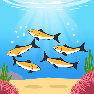 A group of elegant fish with colorful scales swimming gracefully in a clear blue underwater scene. The fish are arranged in perfect formation, performing a synchronized swimming routine that resembles ballet, with their fins extended and tails flicking in unison. Bubbles rise from their movements, creating a playful atmosphere. Sunlight filters through the water above, casting shimmering patterns on the sandy ocean floor. Coral formations and underwater plants can be seen in the background, adding vibrant colors to the scene.