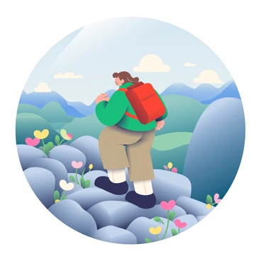 A hiker with brown hair and a red backpack is climbing a rugged, rocky mountain path. The hiker is wearing a green jacket and khaki pants, showing determination as they navigate the uneven terrain. In the background, a breathtaking view unfolds, showcasing a vast landscape with distant mountains and valleys. The sky is clear with a few fluffy clouds, and the sunlight illuminates the scene, casting shadows on the rocks. Wildflowers in various colors are scattered along the path, adding vibrant details to the natural environment.