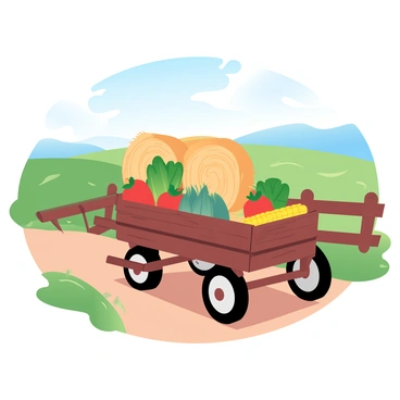 A rustic farm cart laden with fresh produce and hay bales in a countryside scene