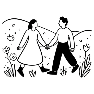 A couple walking hand-in-hand through a flower-filled meadow. The man is wearing a light shirt and trousers, while the woman is dressed in a flowing dress. Various flowers, including daisies and tulips, dot the landscape around them. Soft grass covers the ground, and a gentle breeze rustles the flowers. In the background, there are rolling hills adding depth to the scene. The couple appears engaged in conversation as they stroll through the vibrant meadow.