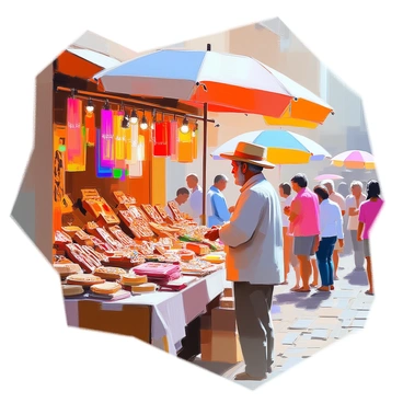 An elderly street vendor with gray hair and weathered skin is standing at a colorful market stall filled with handmade crafts. He is wearing a woven straw hat and a simple shirt, looking intently at the passing shoppers. The stall is adorned with various items, including intricately designed wooden carvings, vibrant textiles, and handmade jewelry, all displayed neatly. Surrounding him, people of different ages are browsing and chatting, creating a lively atmosphere. Bright market umbrellas in various colors provide shade over the vendor's stall, while the cobblestone street is bustling with activity.