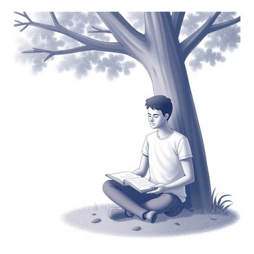 A person sitting cross-legged on the ground beneath a large tree with a thick trunk and sprawling branches. The individual has a relaxed posture, with their eyes closed, conveying a sense of deep focus and tranquility. In their lap, they hold a small, open book, positioned so that the pages are visible. The scene includes dappled light filtering through the leaves above, casting interesting shadows on the ground around them. The surrounding area is filled with grass and a few fallen leaves, contributing to the natural setting.