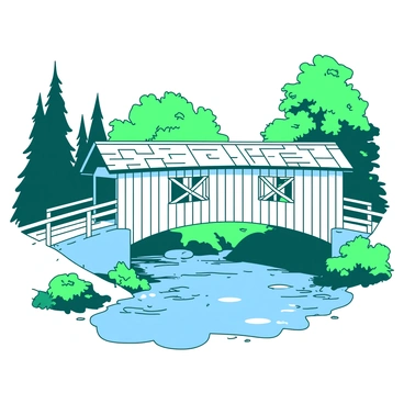 A white historic covered bridge spans over a gentle stream. The bridge features intricate wooden beams and a shingled roof, reflecting its classic design. Below, the water flows smoothly, creating ripples as it crosses over smooth stones. Along the banks of the stream, vibrant green foliage and tall trees provide a lush backdrop. Dappled sunlight filters through the leaves, casting soft shadows on the ground. The scene is peaceful, embodying a sense of tranquility and nature's beauty.