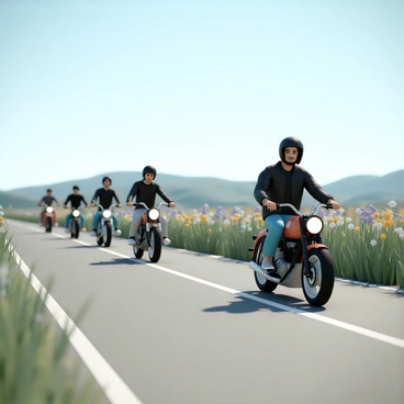 A group of five motorcycle riders, wearing black helmets and leather jackets, is riding in a straight line along a peaceful country road. The motorcycles are of different models and colors, including red, blue, and matte black. On either side of the road, there are vibrant wildflowers in various colors, such as yellow, purple, and white, gently swaying in the breeze. The sun is shining brightly, casting soft shadows on the road, while tall green grass flanks the edges of the scene. In the distance, rolling hills create a picturesque backdrop under a clear blue sky.