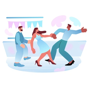 A man and a woman are standing on a wooden dance studio floor, both in motion as they attempt to follow dance steps. The man is wearing a fitted shirt and relaxed pants, while the woman is dressed in a flowing dress. They are looking towards a dance instructor who is positioned in front of them, demonstrating the steps. The couple appears to be laughing, their bodies slightly turned towards each other as they enjoy the moment. Bright colored banners adorn the walls of the studio, adding a lively atmosphere.