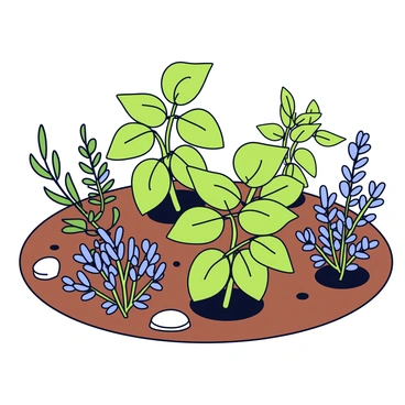 An arrangement of basil plants with bright green leaves, surrounded by clusters of thyme with small delicate leaves and woody stems. There are also rosemary plants with slender, needle-like leaves, adding a contrasting texture to the scene. The herbs are planted in rich soil with some pebbles scattered around. Sunlight casts gentle shadows, creating a warm and inviting atmosphere in the garden setting.