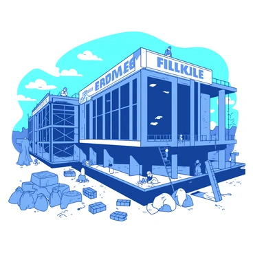 A duotone illustration features a “modern building” under construction, showcasing its “steel framework” and “large glass windows.” Workers can be seen on scaffolding, wearing “hard hats” and operating “construction equipment.” The background includes a “blue sky” with scattered clouds, while the foreground displays tools and materials like “bricks” and “cement bags.” The scene is dynamic, portraying an active construction site filled with energy and movement.