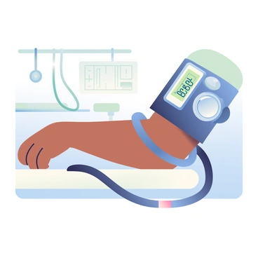 A blood pressure monitor attached to an arm of a patient