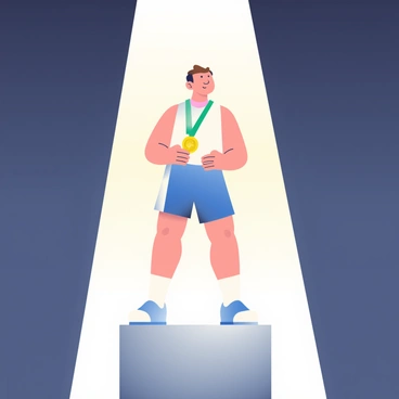 A lone athlete with short brown hair is standing on a podium, gazing upwards as a spotlight shines down on them. The athlete is wearing a blue and white tracksuit with a gold medal hanging around their neck. Their posture is confident, with hands resting on their hips. The background is dark, emphasizing the brightness of the spotlight illuminating their figure. The podium is simple and made of gleaming silver, with a slight sheen reflecting the light above.