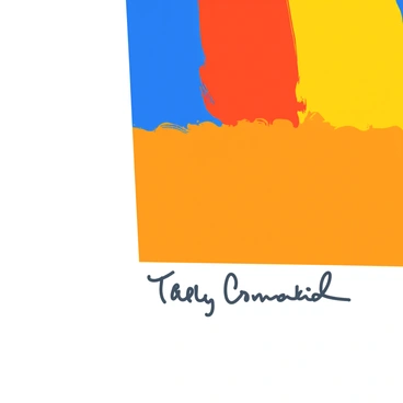 A corner of a vibrant painting displays the artist's signature in elegant italics. The signature is located near the edge of the canvas, contrasting against the colorful brush strokes of the artwork. The colors in the painting include bold hues of blue, red, and yellow, blending seamlessly into one another. The texture of the paint is visible, adding depth to the composition.
