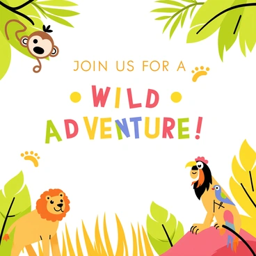 A safari-themed invitation designed to resemble a vibrant jungle scene. The background features lush green foliage and tall, golden grass characteristic of the savannah. In the foreground, there are cartoon-style illustrations of various jungle animals, including a playful monkey swinging from a tree branch, a majestic lion lounging on a rock, and a colorful parrot perched on a nearby branch. The invitation text reads, "Join us for a wild adventure!" in bold, playful letters. Decorative elements include tropical leaves and stylized animal footprints scattered throughout the design.