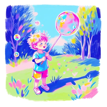 A child with short, tousled hair is standing on a grassy lawn. The child is wearing a bright blue t-shirt and colorful shorts. They are holding a bubble wand and blowing a large, shimmering bubble into the air. The bubble displays a spectrum of colors, catching the sunlight as it floats upward. In the background, there are a few trees with green leaves and a clear blue sky. The child's face is filled with joy and concentration.