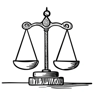 A pair of ornate scales of justice with detailed engravings on the arms and base, evenly balanced. The scales are positioned on a polished wooden table featuring a rich grain pattern. Light shadows cast by the scales create a contrast with the table surface, enhancing the texture. The background is a subtle blur, drawing focus to the scales and the wood.