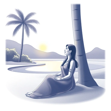 An Indian woman wearing traditional attire is resting in a desert setting. She is seated on a sandy surface, leaning against the trunk of a palm tree that provides shade. The oasis nearby is visible with clear blue water and lush greenery surrounding it. The woman has long black hair and is adorned with intricate jewelry. The sun is setting on the horizon, casting long shadows across the sand. Her facial expression reflects a sense of tranquility as she enjoys the serene environment.