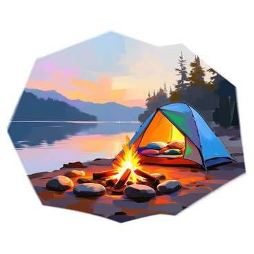 A tent with a blue and green pattern is pitched near the edge of a calm lake, reflecting the surrounding trees and sky. The tent is slightly open, revealing a glimpse of sleeping bags and camping gear inside. Nearby, a campfire burns brightly, surrounded by several smooth stones arranged in a circle. Flickering flames cast warm light on the ground, and a few logs are placed around the fire as seating. Above, the sky is transitioning from orange to deep blue as the sun sets, adding a tranquil atmosphere to the scene.