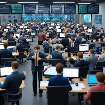 A bustling stock market floor filled with traders. The scene features several traders with varying expressions of focus and excitement, some standing while others are seated at desks cluttered with papers and computer screens displaying stock prices. The room is filled with a vibrant atmosphere, with many people gesturing animatedly as they engage in energetic discussions. There are walls adorned with large digital screens showing stock trends and prices in real-time. In the background, there are rows of large monitors, and the lighting is bright, enhancing the fast-paced environment.