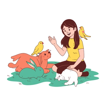 A girl with long brown hair is sitting on a grassy area surrounded by various animals. The girl is smiling and extending her hand towards a curious teal rabbit who is attentively looking at her. Next to her, a small orange dog is playfully wagging its tail, looking up at her with bright eyes. A yellow parakeet is perched on her shoulder, tilting its head as if listening to her. The girl is using expressive hand gestures to communicate, and her facial expressions show joy and engagement. Nearby, a fluffy white cat is lounging, observing the scene with a relaxed demeanor. The setting is lively and filled with warmth as the girl interacts harmoniously with the animals.