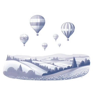 A landscape featuring several hot air balloons floating in the sky. The balloons have various patterns and designs, showcasing a mix of shapes as they rise above the countryside. Below, there are rolling hills with patches of farmland and a few clusters of trees scattered throughout the scene. The sky is clear, providing a vast backdrop for the balloons. In the foreground, there are wildflowers, adding detail to the landscape.