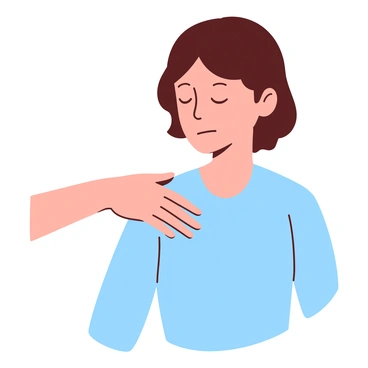 A soft, gentle hand with lightly tanned skin rests on the shoulder of a person wearing a light blue shirt. The hand is open and relaxed, conveying a sense of calm and reassurance. The person receiving the gesture has short brown hair and closed eyes, displaying a peaceful expression. They are standing in a softly lit environment, creating a warm and comforting atmosphere.