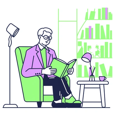 A person resembling Ratan Tata is seated in a cozy library, deeply immersed in a book. He has short, neatly combed hair and is wearing reading glasses. He is dressed in a formal outfit, consisting of a tailored blazer over a collared shirt. The library is filled with shelves lined with books, and there is a warm glow from a nearby table lamp. A comfortable armchair is where he is sitting, and a small wooden side table beside him holds a steaming cup of tea. A large window in the background allows soft natural light to filter in, creating a tranquil atmosphere.