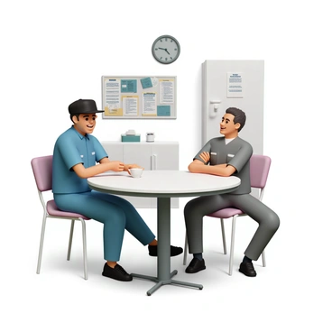 Two bus drivers are sitting at a round table in a break room, smiling and engaging in light conversation. One driver, wearing a blue uniform and a black cap, has a cup of coffee in hand, while the other driver, dressed in a gray uniform, is leaning back in his chair with arms crossed, laughing. The walls of the break room are adorned with bus route maps and safety posters. A small fridge is visible in the background, along with a bulletin board filled with notices and schedules. A clock on the wall shows the time as 3:15 PM, creating a relaxed atmosphere.