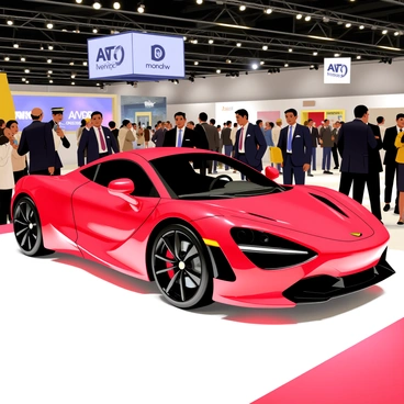 A sleek sports car with a glossy red exterior is positioned prominently at an auto show. The car features smooth curves and aerodynamic lines, emphasizing its high-performance design. Bright lights illuminate the vehicle, creating reflections off its polished surface. A crowd of attentive onlookers surround the car, with some capturing photos and others engaging in conversation about its features. The background includes banners and displays highlighting the auto show.