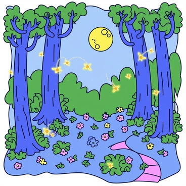 A mystical forest maze with tall, twisting trees and lush green foliage. The maze is formed by dense undergrowth and intertwining vines, which create intricate pathways. Glowing fireflies flit through the air, illuminating the surroundings with soft, yellow light. The ground is covered with a bed of leaves and small flowers, adding color to the scene. Moonlight filters through the canopy, casting gentle shadows on the paths.