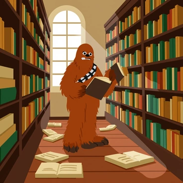 Chewbacca stands tall among towering bookshelves in an ancient library. The shelves are filled with dusty, weathered books of various sizes and colors, some stacked haphazardly while others are neatly aligned. Sunlight filters through large, arched windows, casting warm light onto the wooden floor. Chewbacca examines a large, open book on a nearby table, his fur contrasting against the rich, dark wood. Ancient scrolls and artifacts are scattered around the room, hinting at the library's storied past.