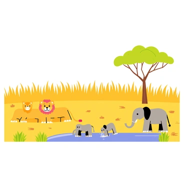A blocky savanna landscape featuring tall, yellow grasses and a bright blue sky. In the foreground, a group of cartoon-style lions with golden fur and playful expressions are lounging under a large, green acacia tree. Nearby, a family of cartoon-style elephants with gray bodies and big ears is playfully splashing water from a small pond. The scene includes a few stylized bushes and small rocks scattered throughout the savanna, adding to the vibrant atmosphere of the safari adventure.