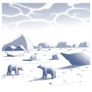A vast polar landscape filled with large icebergs of various shapes and sizes. The ground is covered in a blanket of snow, with polar bears roaming in the foreground. One polar bear is standing on a piece of floating ice, while another is foraging on the snow-covered ground. The sky above is filled with intricate patterns of light, creating dramatic shapes that stretch across the landscape. The scene captures the stark beauty and grandeur of the Arctic environment.