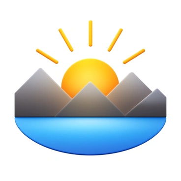 A 3D icon of a sun rising with rays extending outward. Below the sun, there is a tranquil lake reflecting the light. Surrounding the lake, there are misty mountains in soft, muted colors. The scene captures the gentle transition from darkness to light.