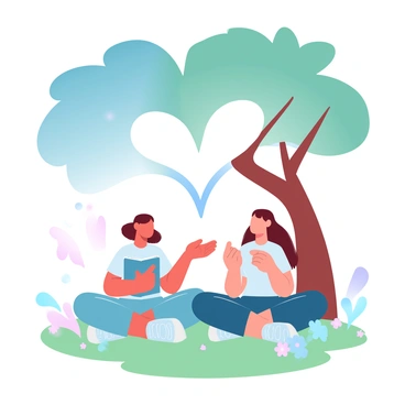 Two friends are sitting on a grassy meadow beneath a large, leafy tree. One friend is leaning back against the tree while the other is sitting cross-legged on the ground. Both are wearing casual clothes. The friend on the ground has short hair and is holding a book, while the other is gesturing animatedly with hands. Sunlight filters through the tree branches, casting dappled light around them. Around them, there are scattered wildflowers in various colors. A large, stylized heart shape is present above them, symbolizing their friendship.