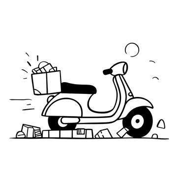 A delivery moped is parked upright on a road, with its engine still running. Several packages are scattered around it, some partially opened, with contents spilling out. The moped has a storage box on the back that is slightly ajar. The road is textured, showing signs of wear. There are skid marks on the pavement where the moped came to a sudden stop. In the background, there are hints of urban infrastructure, like curbs and streetlights.