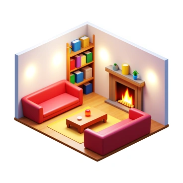 A cozy living room designed in isometric perspective. The room features a warm "fireplace" with flickering flames and a mantle adorned with decorative items. There are "plush sofas" arranged comfortably around a central coffee table. A "bookshelf" is filled with various books, displaying colorful spines and a few decorative pieces on top. Soft lighting illuminates the space, creating a welcoming atmosphere. A "rug" adds texture to the hardwood floor, enhancing the cozy feel of the room.