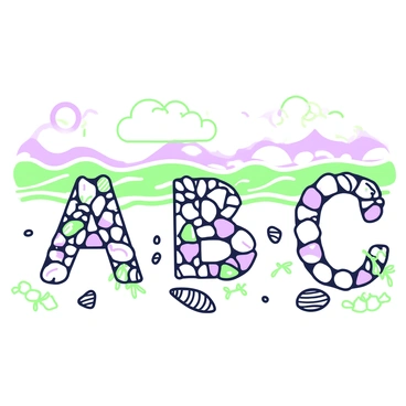 A stretch of beach with fine sand serves as the canvas for the art. In the center of the scene, a series of shells is carefully arranged to spell out the letters "A", "B", and "C". Each letter is distinct, showcasing a variety of shell types, textures, and sizes. Surrounding the letters, there are scattered small pebbles and bits of seaweed, adding detail to the composition. The waves of the ocean can be seen gently lapping at the shoreline in the background, creating a serene atmosphere. The sun casts a soft glow over the scene, highlighting the intricate patterns of the shells.