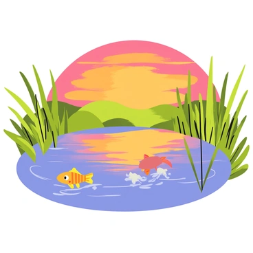 A fish pond with clear water reflecting the vibrant colors of a sunset. The sky is filled with shades of orange, pink, and purple as the sun descends on the horizon. The water's surface is adorned with colorful reflections mirroring the hues of the sky. Surrounding the pond are lush green plants and gently swaying reeds. A few colorful fish can be seen swimming near the surface, adding life to the tranquil scene.
