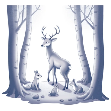A forest spirit with delicate features and antlers made of intertwined vines stands gracefully among trees. The spirit has soft, luminous skin that blends harmoniously with the natural surroundings. Small woodland animals, including a fox, a rabbit, and a squirrel, gather around the spirit, their eyes filled with curiosity. The ground is covered with a layer of moss and fallen leaves, and dappled light filters through the tree canopy above, creating a serene atmosphere in the forest.